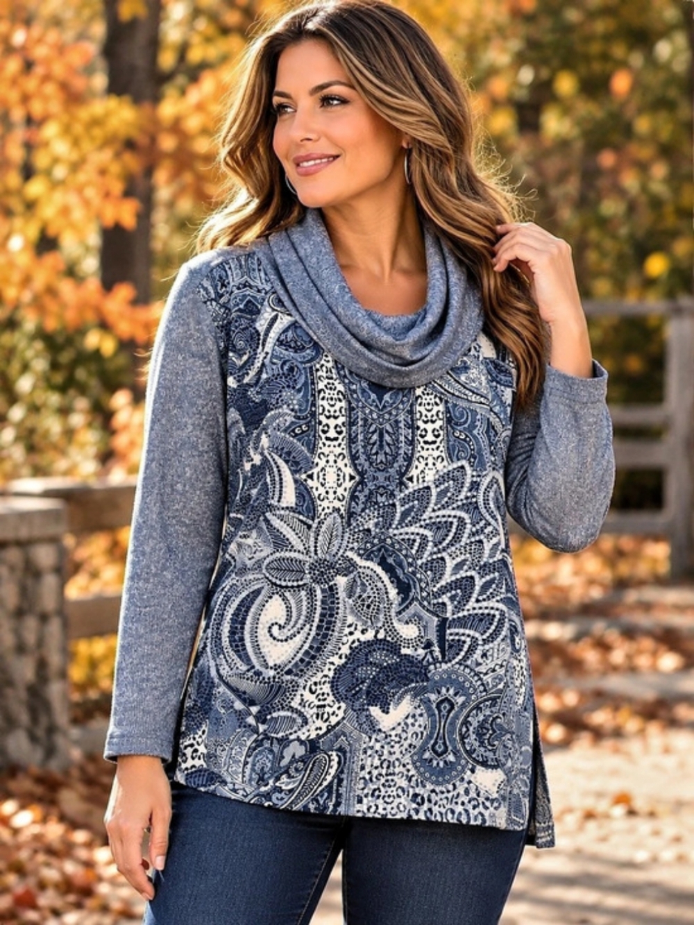 Ruby Rd. Blue Paisley Cowl Neck Tunic Knit Top Boho Style Size XL